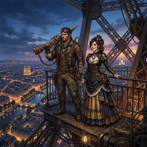 Steampunk Video Game Characters on Iron Lattice Tower in Paris