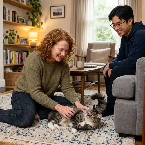 Heartwarming Interaction with Tabby Cat in Cozy Living Room