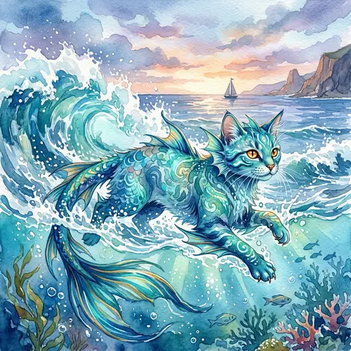 Watercolor Painting: Oceanic Cat Art