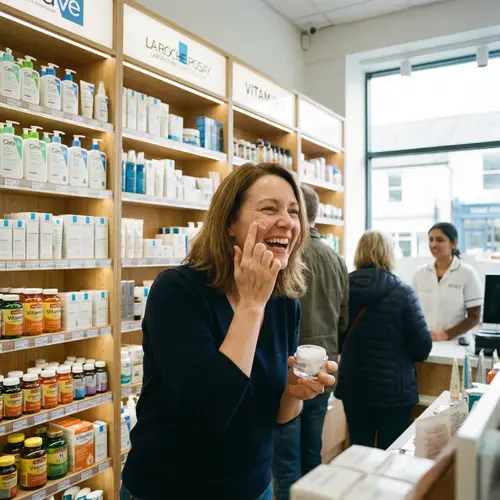 Caucasian Woman Applying Face Cream in Pharmacy Setting