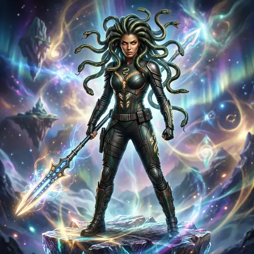Female Mythical Being with Snake-Like Hair and Mystical Weapon
