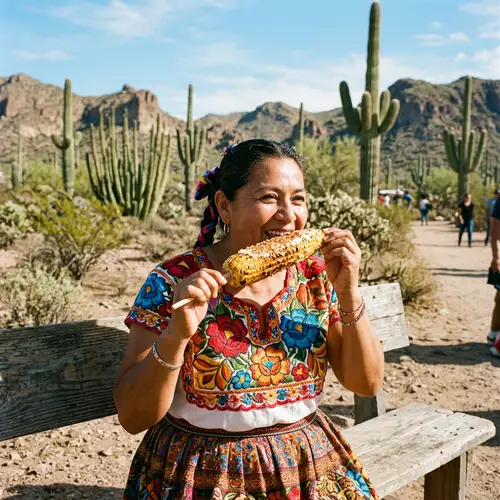 Mexican Woman Enjoying Roasted Corn in Sonora
