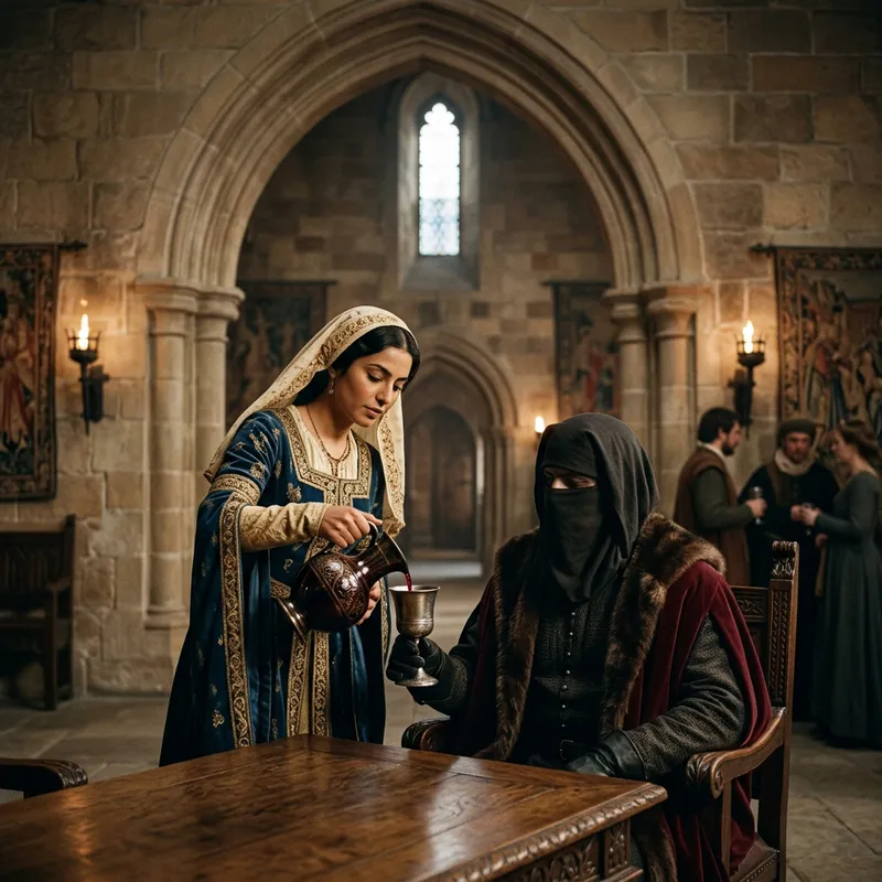 Medieval Palace: Veiled Woman Pouring Wine in Courtly Setting
