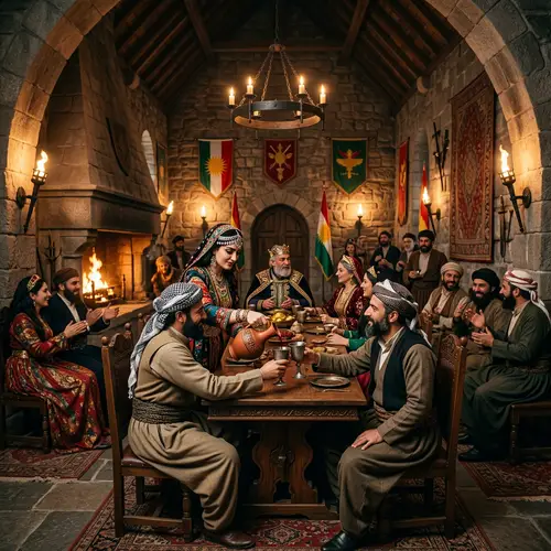 Medieval Palace Scene: Kurdish Woman Pouring Wine in Traditional Attire