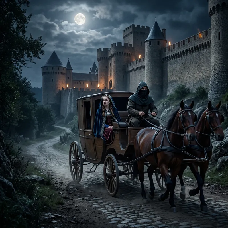Medieval Escape: Veiled Man and Princess Fleeing in a Horse-Drawn Carriage