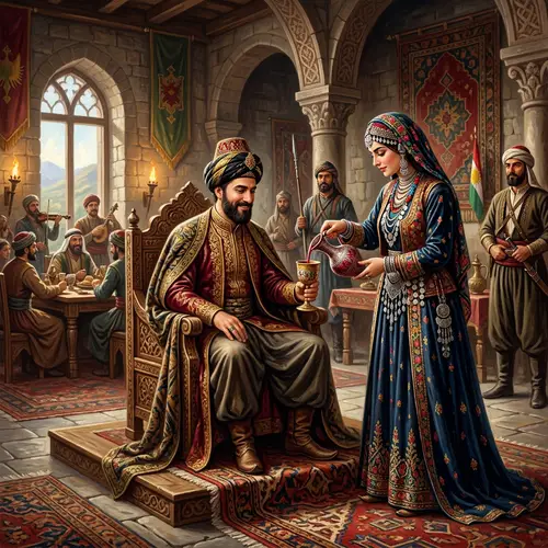 Medieval Palace Scene: Kurdish Woman Pouring Wine for King
