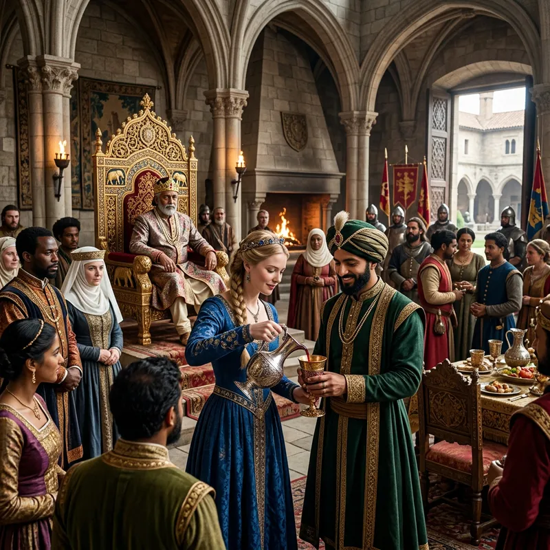 Medieval Palace Princess Pouring Wine for Middle-Eastern Prince