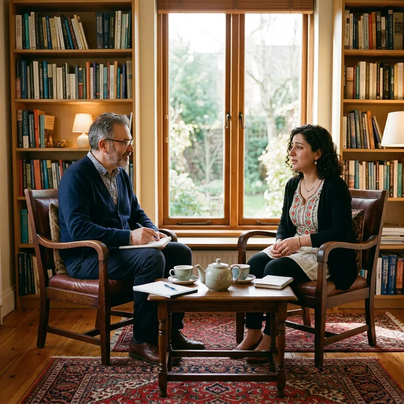 Male Psychologist Supports Kurdish Female Journalist in Sunlit Room