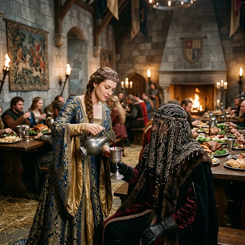 Medieval Castle Feast with Woman Pouring Wine Medieval Castle Feast with Woman Pouring Wine