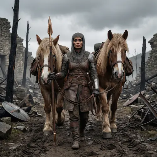 Brave Warrior with Horses in a War Zone