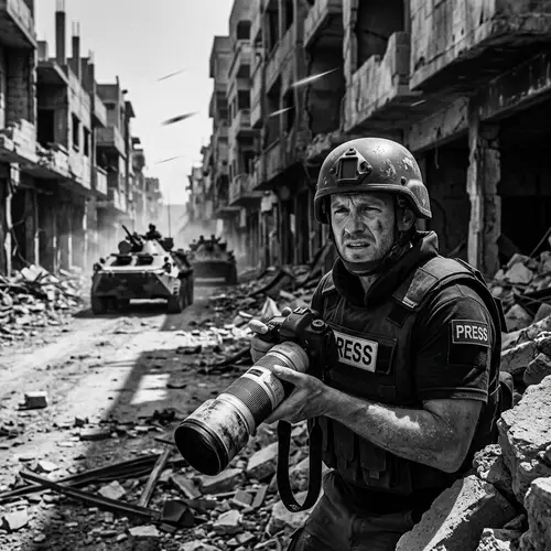 Courageous Journalist in War-Torn Street | Black and White Photo