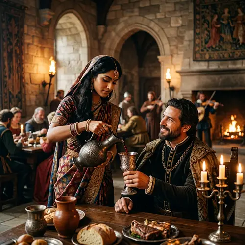 Medieval Scene: South Asian Woman Filling Goblet for Hispanic Man