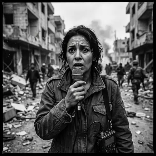 Courageous Female Reporter in Conflict-Stricken City | Photojournalism