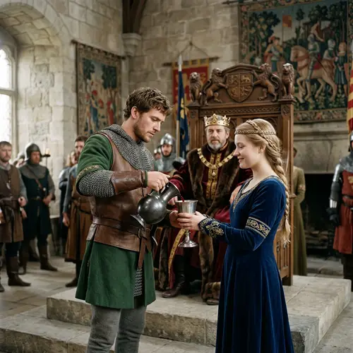 Medieval Castle Scene: Man Fills Woman's Goblet with Wine