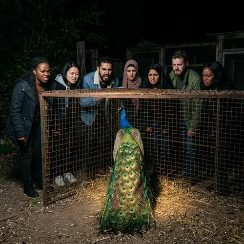 Vibrant Peacock in Colorful Enclosure - Multicultural Observers
