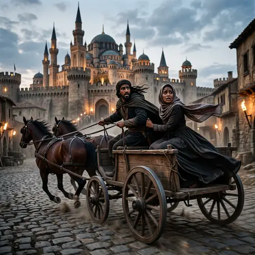Medieval Escape: Man and Woman Fleeing Palace with Carriage