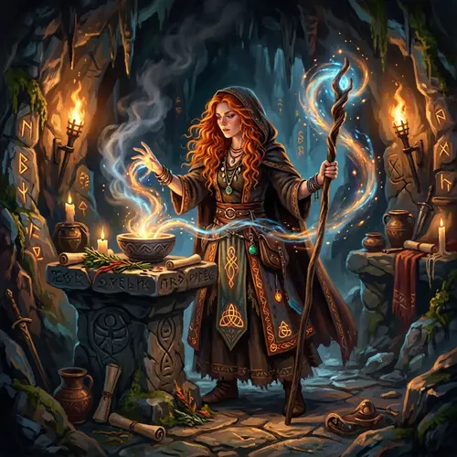 Fiery Red-Haired Woman in Mystical Cave - Magical Digital Painting