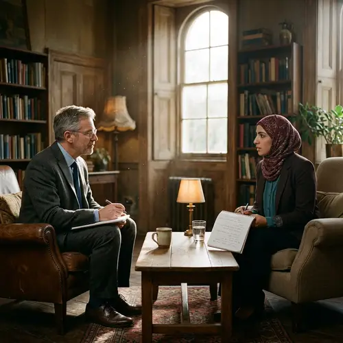 Psychologist Supporting Female Journalist in Dimly Lit Room