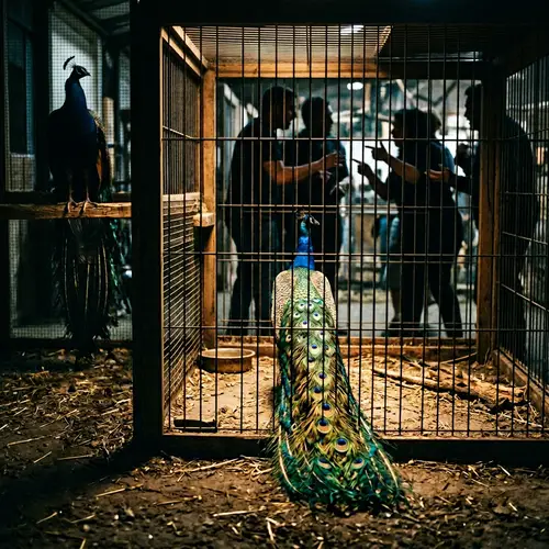 Captivating Scene: Vibrant Peacock in Cage with Silhouettes