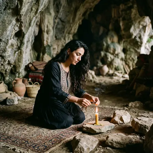 Middle Eastern Woman Burning Hair Strands in Cave