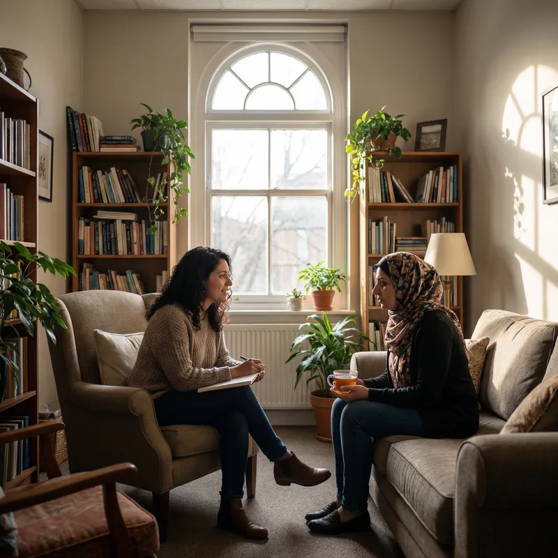 Empathetic Psychological Support for Kurdish Woman in Calming Room Setting