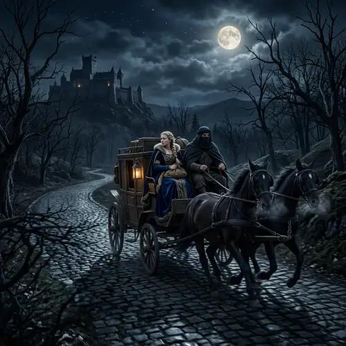 Medieval Escape: Veiled Man and Princess Fleeing Castle in Carriage