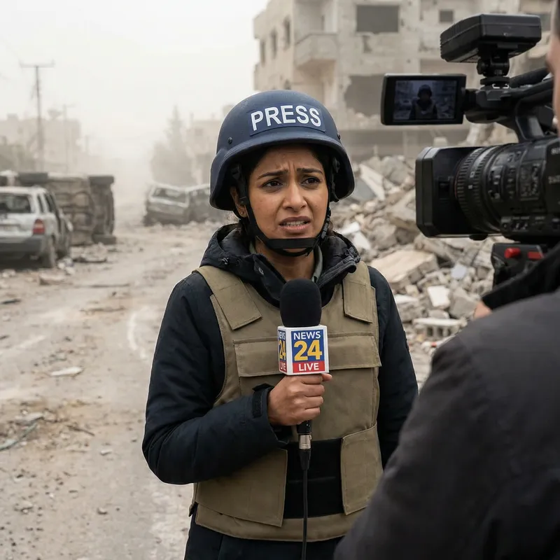 Fearful Female Journalist Reporting Live from Dusty Conflict Zone