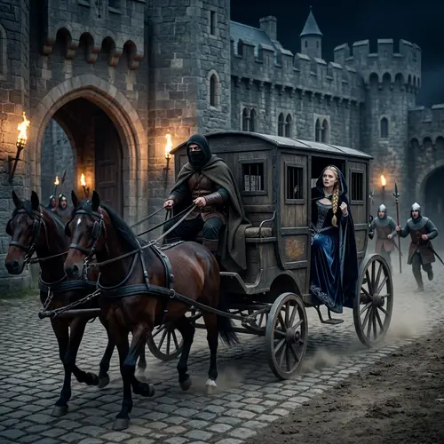 Medieval Man and Princess Escape on Horse-Drawn Carriage