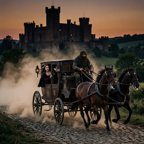 Medieval Escape: Fleeing Princess & Masked Man on Carriage