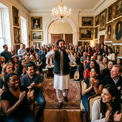 Diverse Audience Mesmerized by Middle-Eastern Man Singing in Ornate Room