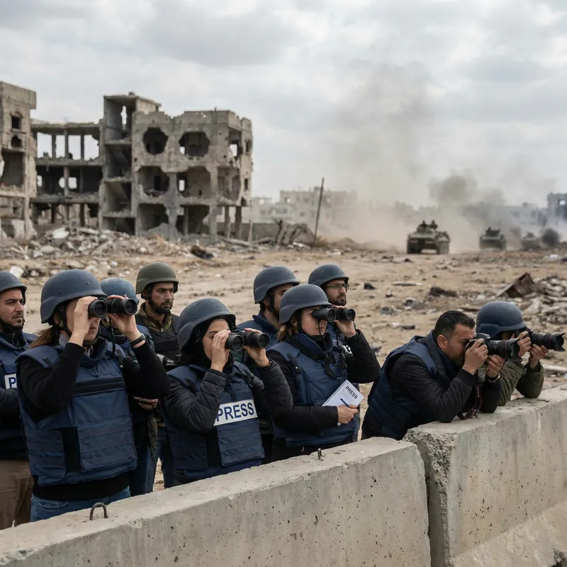 Intense Conflict Zone: Journalists, Bombardment, Armored Vehicles Intense Conflict Zone: Journalists, Bombardment, Armored Vehicles