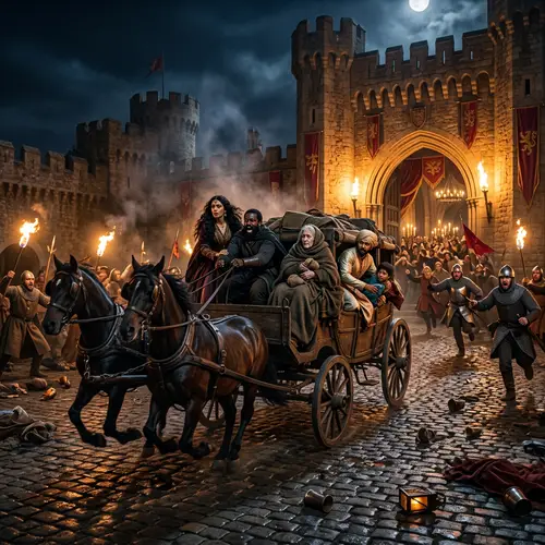 Medieval Figures Escaping in Horse-Drawn Carriage