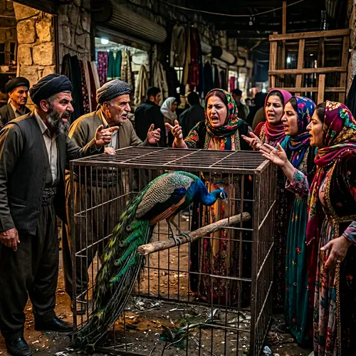 Dramatic Peacock Scene with Kurdish Figures - Emotional Capture