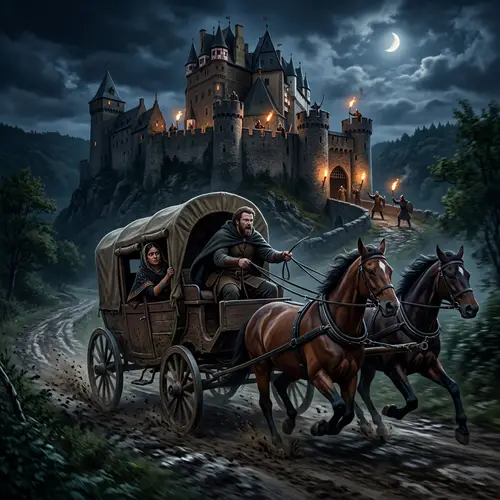 Medieval Escape Scene with Caucasian Man and South Asian Woman