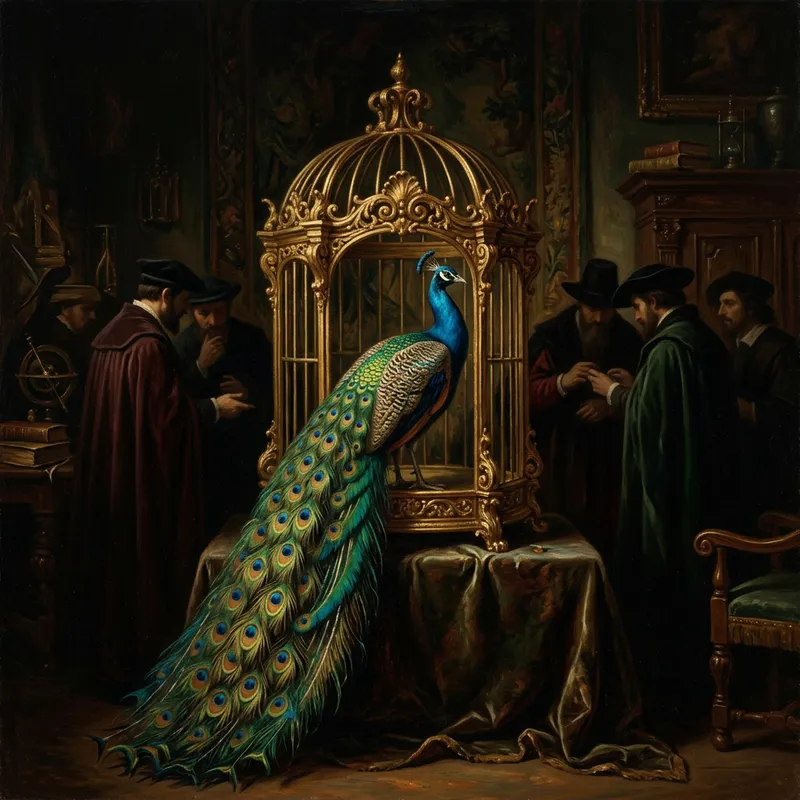 Radiant Peacock in Golden Cage: Mysterious Renaissance Display