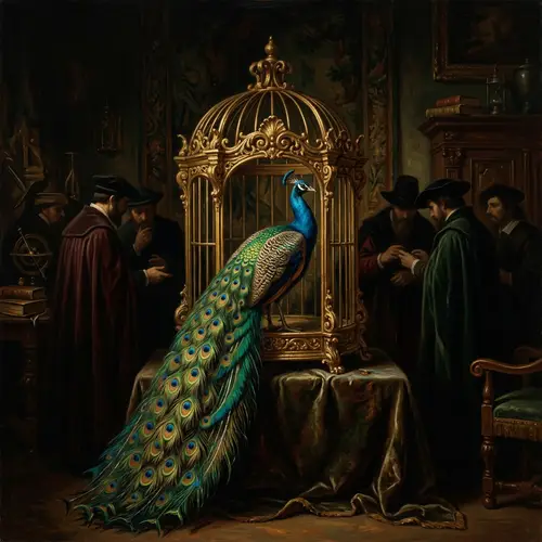 Radiant Peacock in Golden Cage: Captivating Atmosphere of Mystery