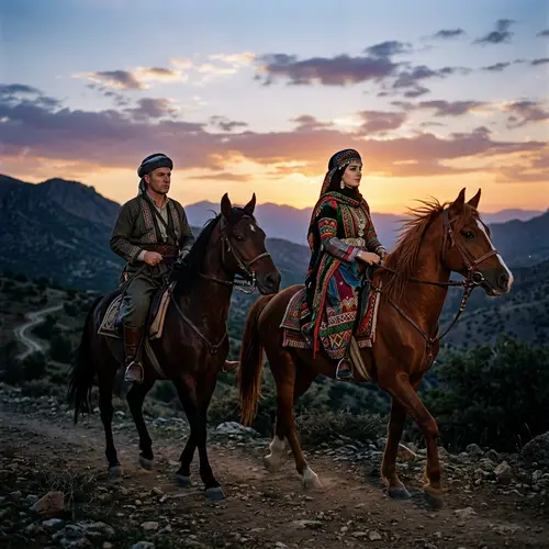 Ancient Kurdish Horse Riders in Traditional Attire