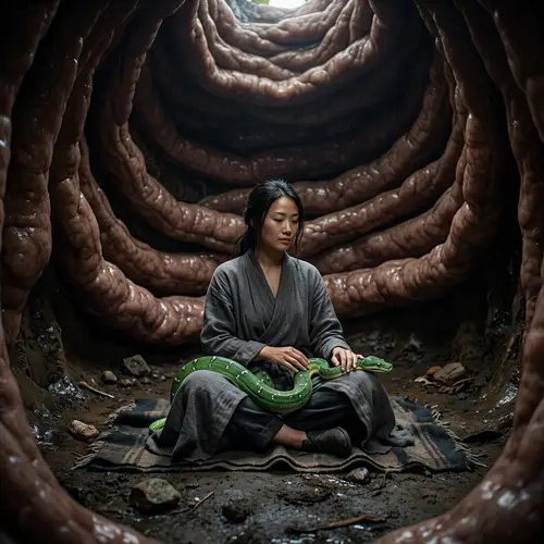 Woman in Dark Pit with Snake: A Surreal Scene