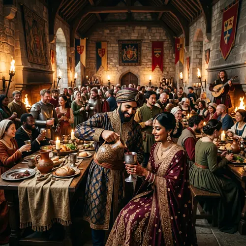 Medieval Castle Scene: Diverse Crowd and Wine-Filling Moment