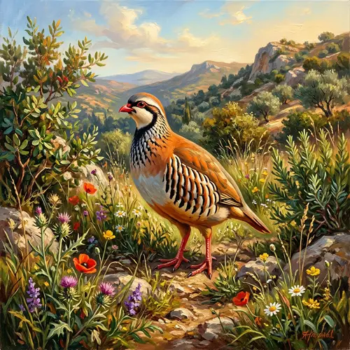 Keklik Red-Legged Partridge Oil Painting in Natural Setting