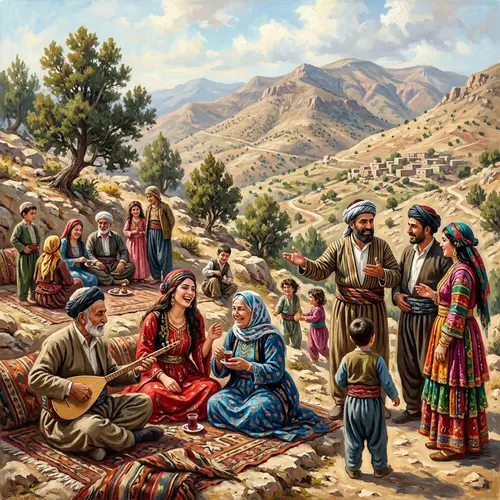 Kurdish People in Diverse Ethnic Clothes - Cultural Oil Painting