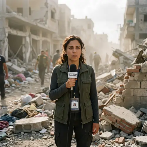Hispanic Female Journalist Reporting from Dusty Conflict Zone