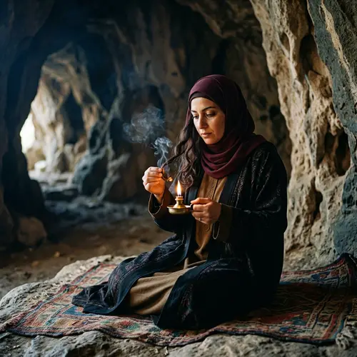 Middle-Eastern Woman Burning Hair in Cave