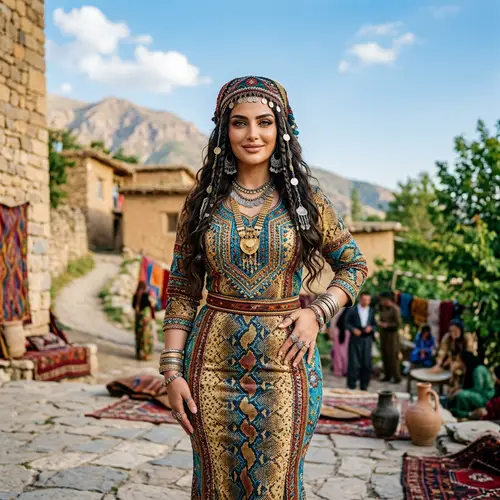 Captivating Middle-Eastern Woman in Snake-Skin Dress | Kurdish Textile Inspiration