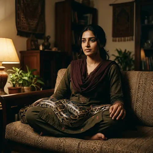 Calm Woman with Snake in Dim Lighting