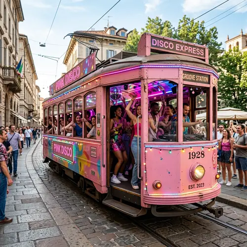 Vibrant Disco Scene in Pink Streetcar | Historic Setting Turned Dance Party