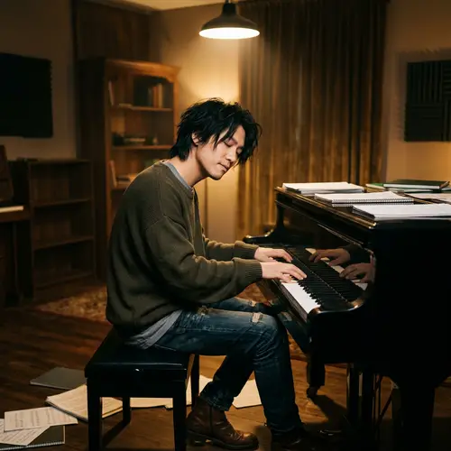 Black-Haired Musician Playing Piano | Cool East Asian Demeanor