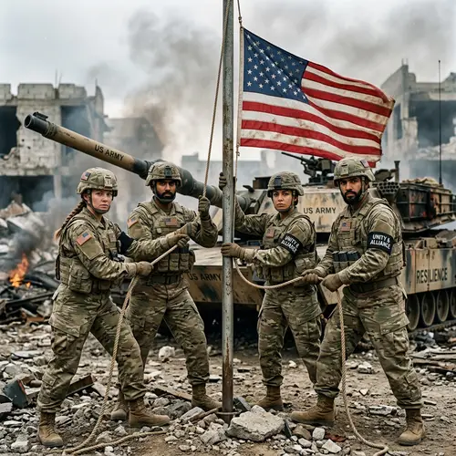Unity & Defiance: Soldiers Raising US Flag | Symbol of Resolve