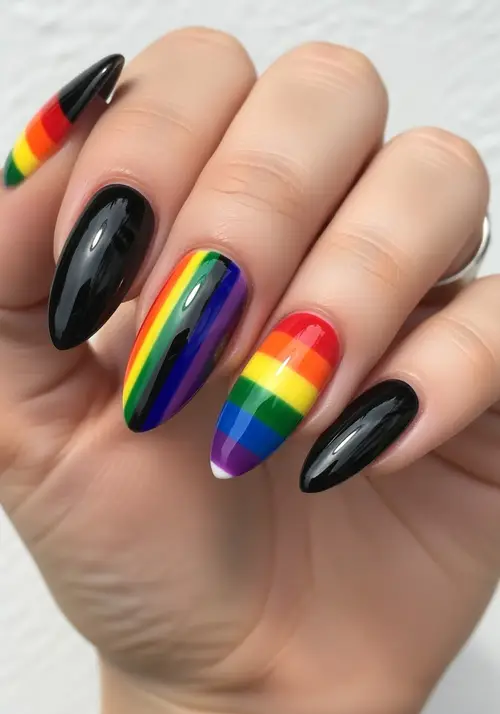 Vibrant Almond-Shaped LGBT Flag Nail Art