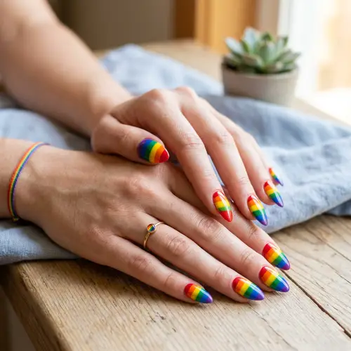 Vibrant Almond-Shaped LGBT Flag Nail Art